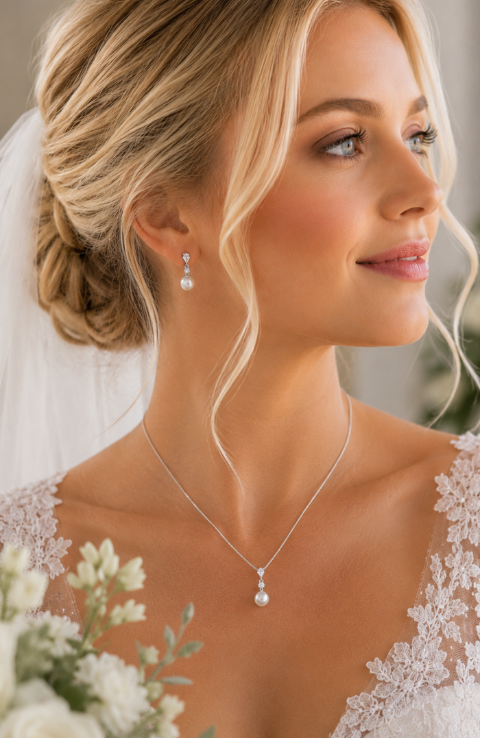 Faux pearl drop earrings with clear stones, silver-tone metal and lever backing