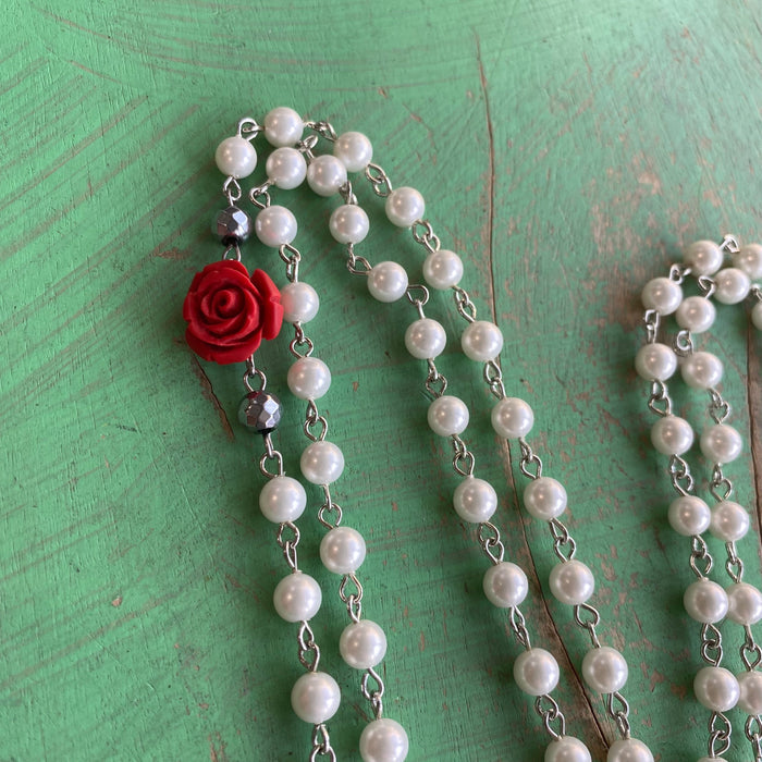 Pearl and Red Rose OLG Necklace & Earrings Set