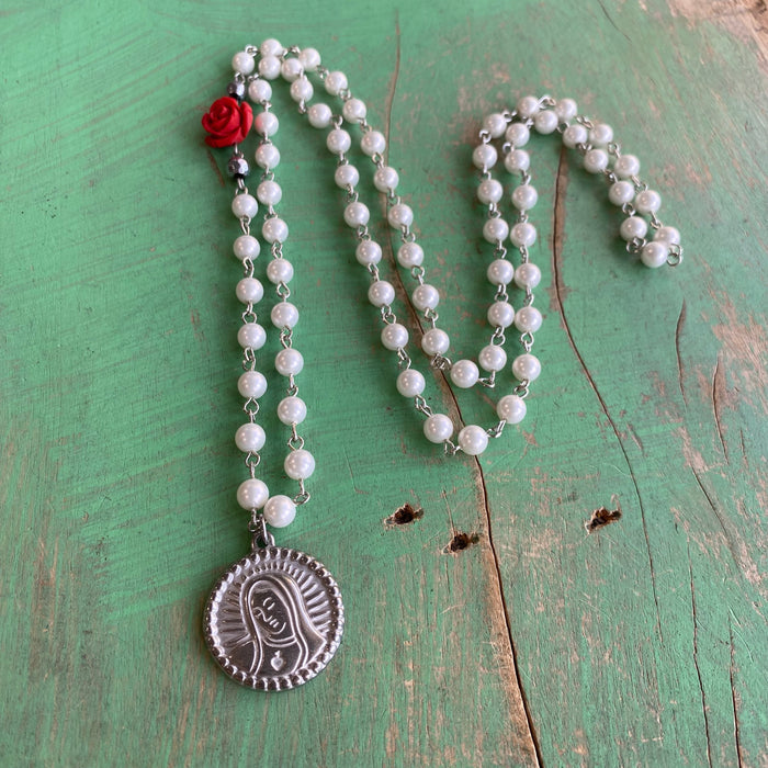 Pearl and Red Rose OLG Necklace & Earrings Set