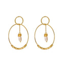 Gold double hoop earrings with small pearl drop charms and textured hoop details.