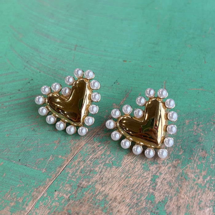 Pearl-Embraced Gold Heart Post Earrings