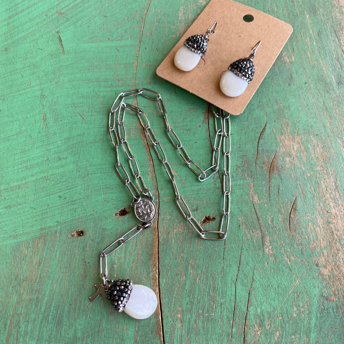 Pearl Pave Paperclip Necklace and Earrings Set