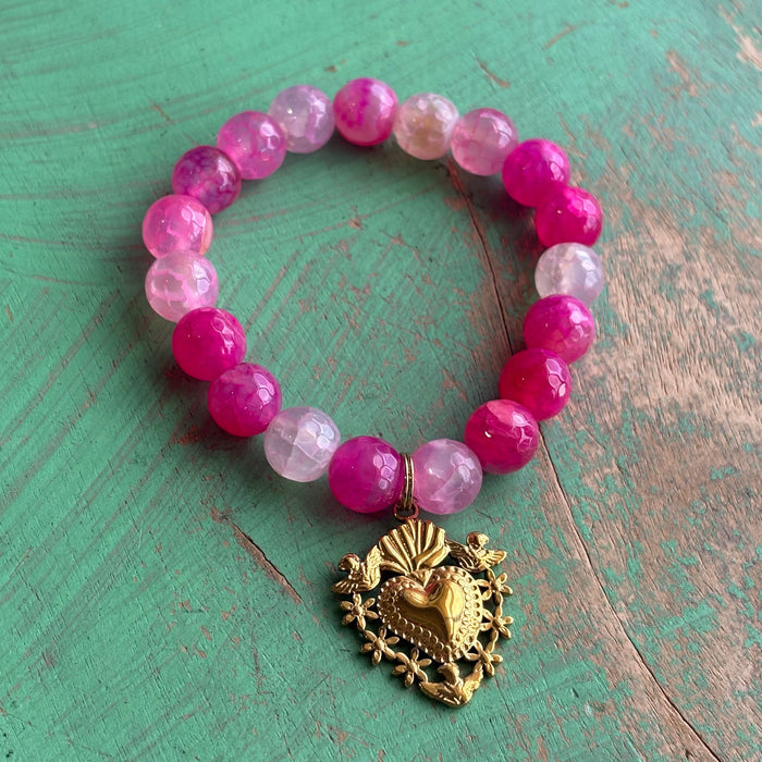 Pink Agate Angels Sacred Heart Bracelet