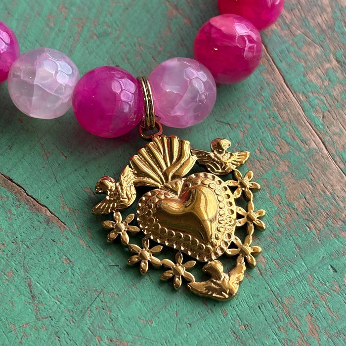 Pink Agate Angels Sacred Heart Bracelet