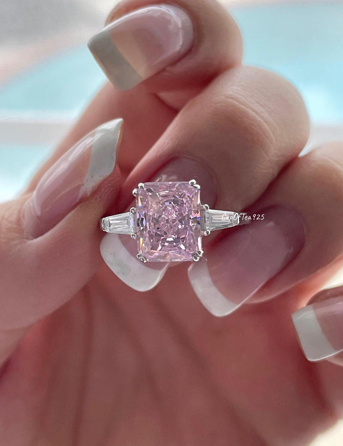 Pink ring. Sterling Silver 925 engagement ring with 3.3Ct crushed ice pink CZ simulated diamond