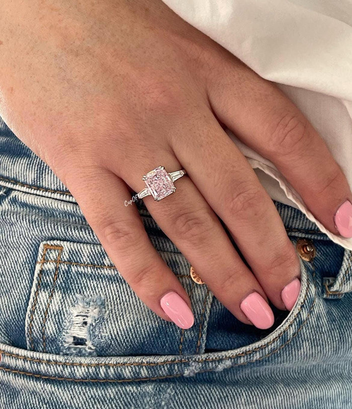 Pink ring. Sterling Silver 925 engagement ring with 3.3Ct crushed ice pink CZ simulated diamond