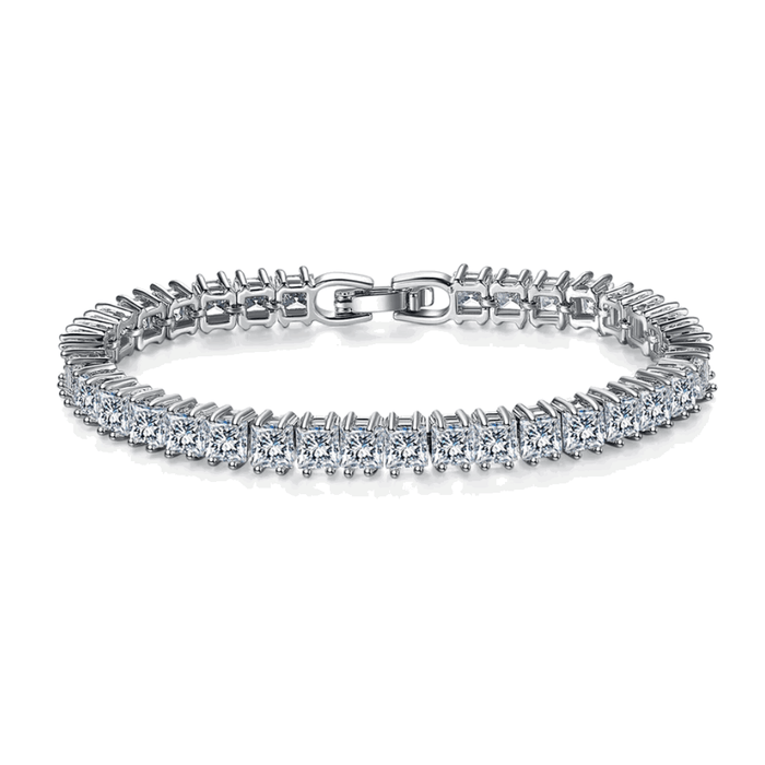 Silver tennis bracelet with princess-cut cubic zirconia stones and hinged clasp