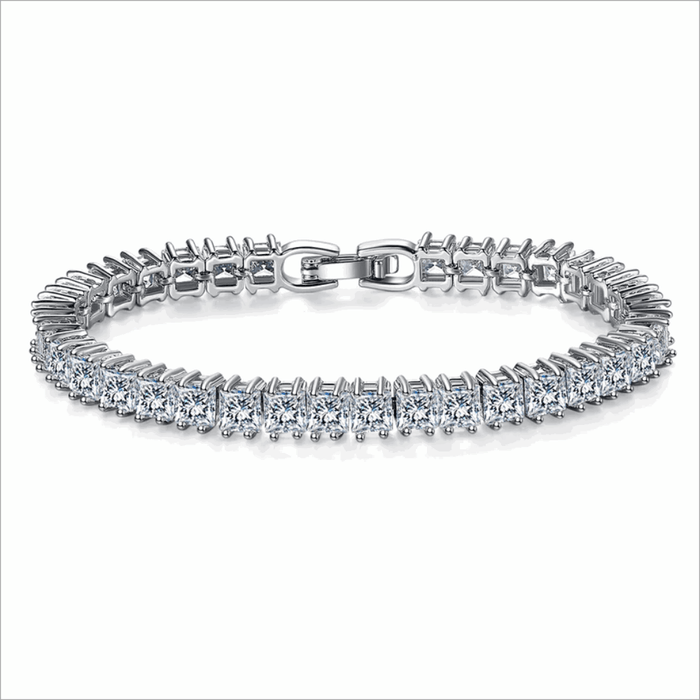Silver hinged tennis bracelet with princess-cut cubic zirconia stones