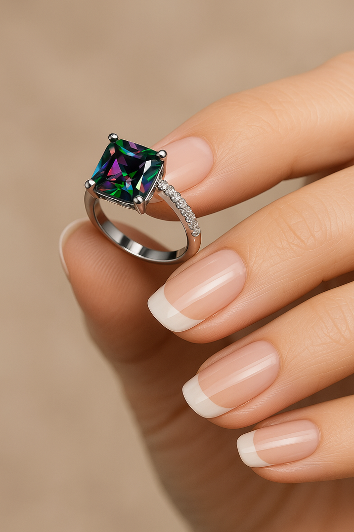 Princess cut mystic topaz ring with square multicolor stone and pavé band