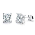 Princess-cut cubic zirconia stud earrings, clear square stones with silver-tone prongs