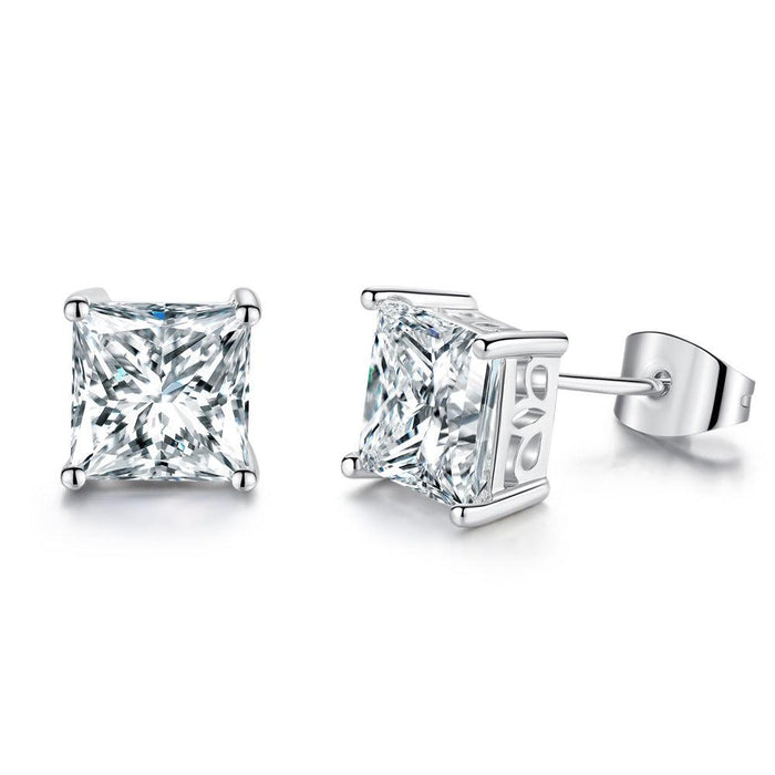 Princess-cut cubic zirconia stud earrings, clear square stones with silver-tone prongs