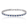 Silver tennis bracelet with princess-cut blue cubic zirconia stones, clasp closure