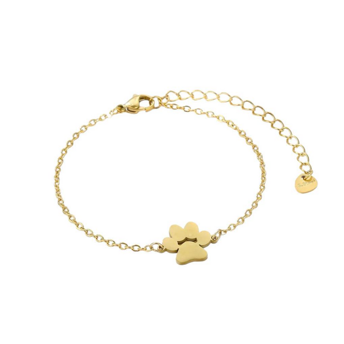 Gold link chain paw cutout charm bracelet with dangling paw charm and clasp