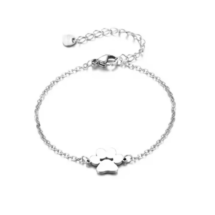 Silver link chain paw cutout charm bracelet with dangling paw charm and small tag charm