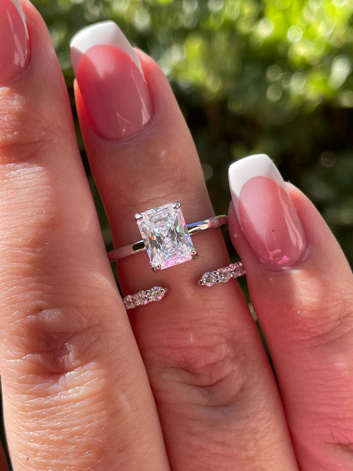 Radiant Cut Bridal Set with hidden halo, Yellow Gold vermeil, Sterling Silver Engagement Ring set with simulated diamonds, proposal ring