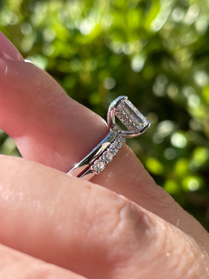Radiant Cut Bridal Set with hidden halo, Yellow Gold vermeil, Sterling Silver Engagement Ring set with simulated diamonds, proposal ring
