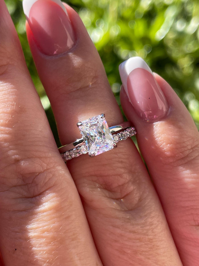 Radiant Cut Bridal Set with hidden halo, Yellow Gold vermeil, Sterling Silver Engagement Ring set with simulated diamonds, proposal ring