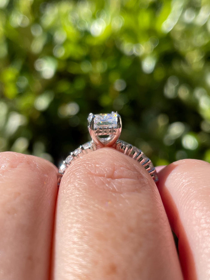 Radiant Cut Bridal Set with hidden halo, Yellow Gold vermeil, Sterling Silver Engagement Ring set with simulated diamonds, proposal ring