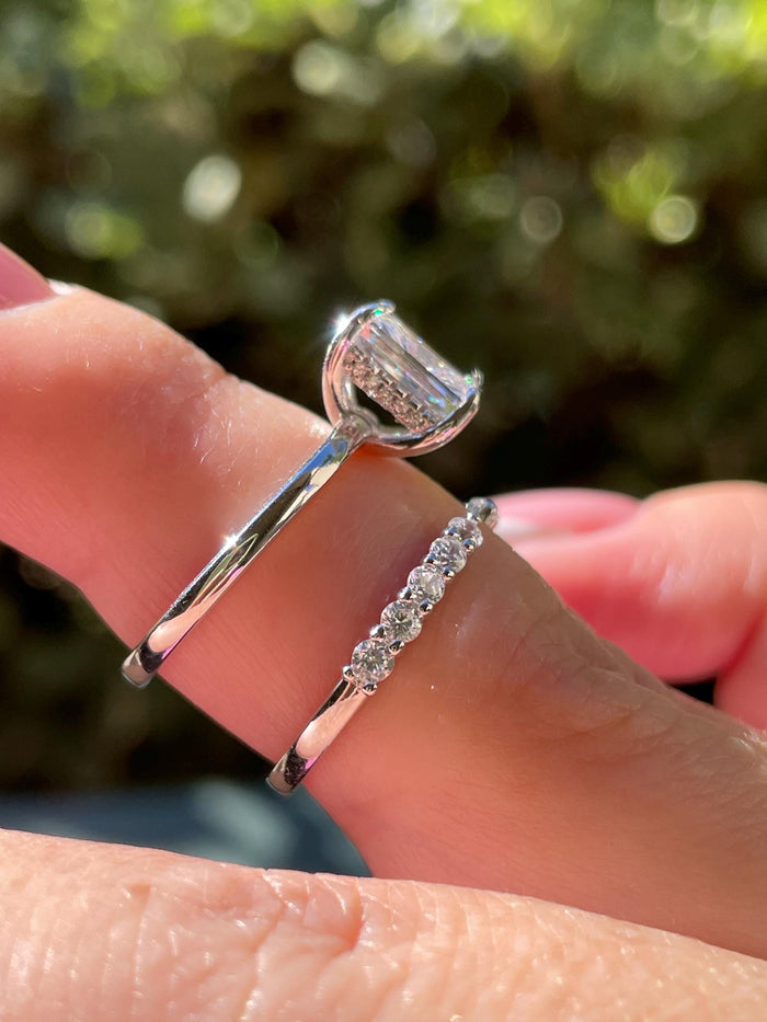 Radiant Cut Bridal Set with hidden halo, Yellow Gold vermeil, Sterling Silver Engagement Ring set with simulated diamonds, proposal ring