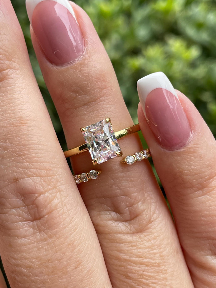 Radiant Cut Bridal Set with hidden halo, Yellow Gold vermeil, Sterling Silver Engagement Ring set with simulated diamonds, proposal ring