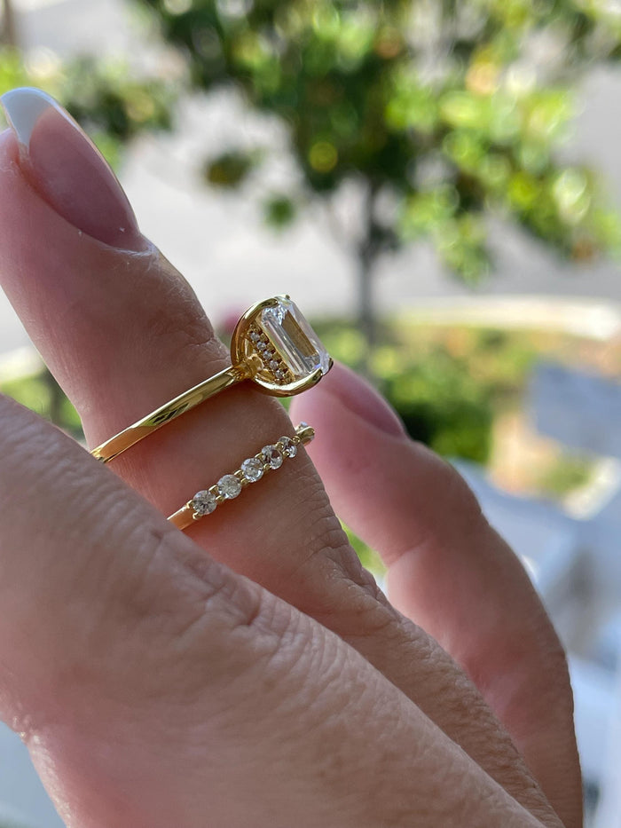 Radiant Cut Bridal Set with hidden halo, Yellow Gold vermeil, Sterling Silver Engagement Ring set with simulated diamonds, proposal ring