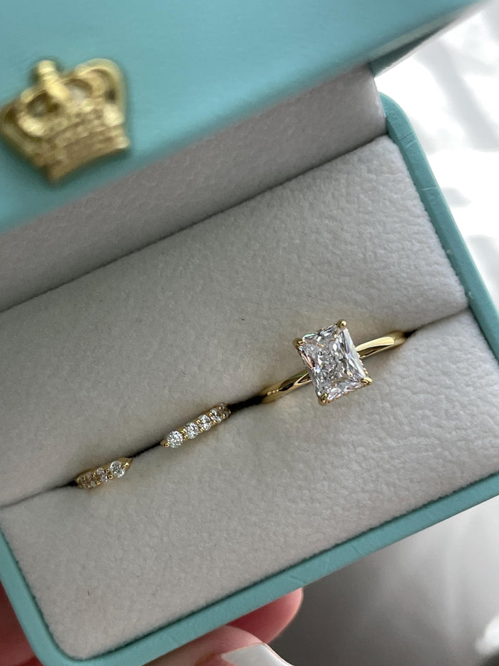 Radiant Cut Bridal Set with hidden halo, Yellow Gold vermeil, Sterling Silver Engagement Ring set with simulated diamonds, proposal ring