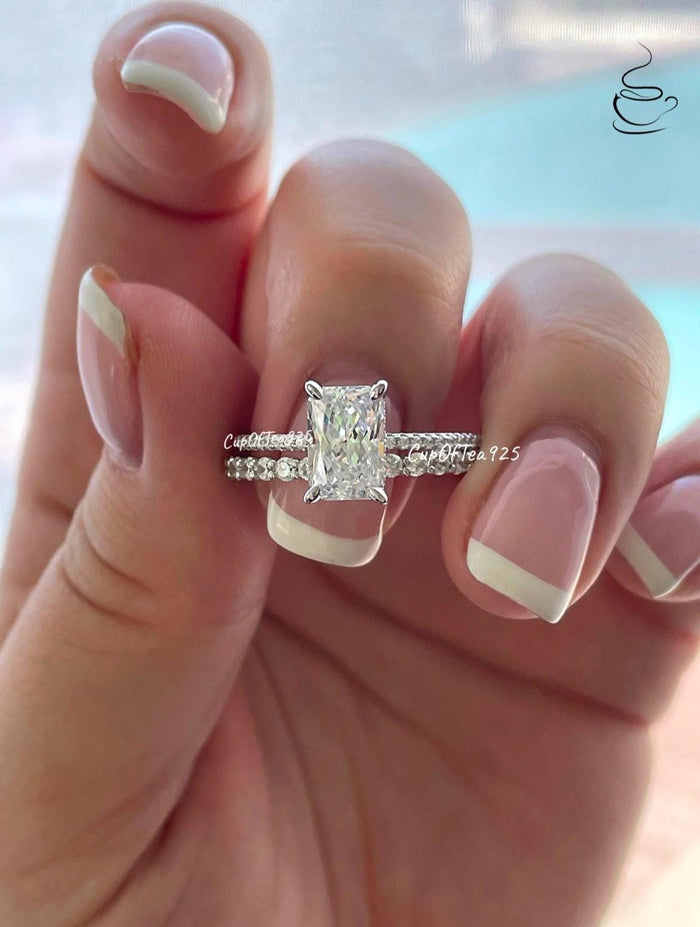 Radiant Cut CZ Engagement Ring Set: Sterling Silver Hidden Halo Bridal Jewelry