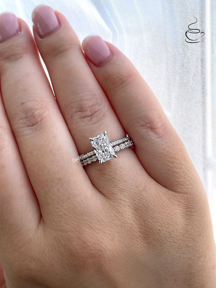 Radiant Cut CZ Engagement Ring Set: Sterling Silver Hidden Halo Bridal Jewelry