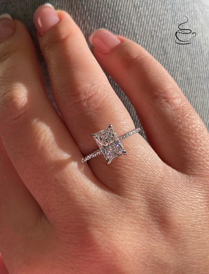 Radiant Cut CZ Engagement Ring Set: Sterling Silver Hidden Halo Bridal Jewelry