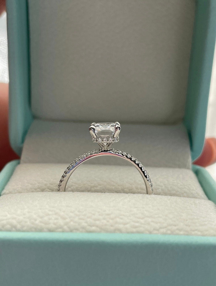 Radiant Cut CZ Engagement Ring Set: Sterling Silver Hidden Halo Bridal Jewelry