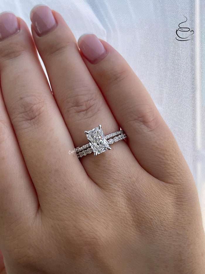 Radiant Cut CZ Engagement Ring Set: Sterling Silver Hidden Halo Bridal Jewelry