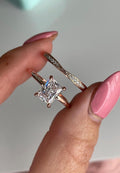 Radiant Cut CZ Solitaire Bridal Set: 18K Gold Over Sterling Silver, Moissanite Band