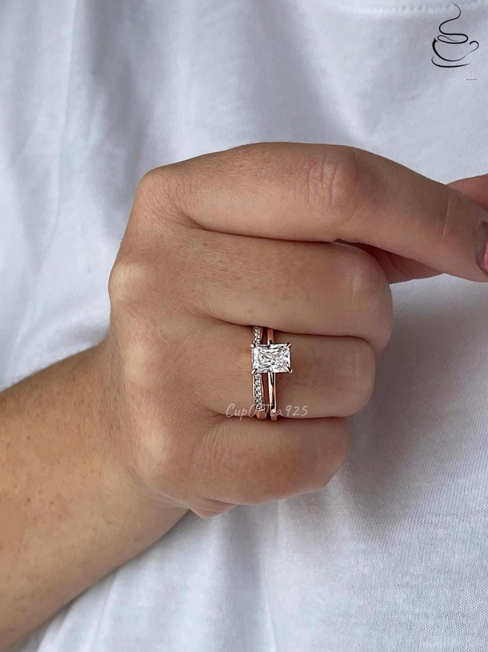 Radiant Cut CZ Solitaire Bridal Set: 18K Gold Over Sterling Silver, Moissanite Band