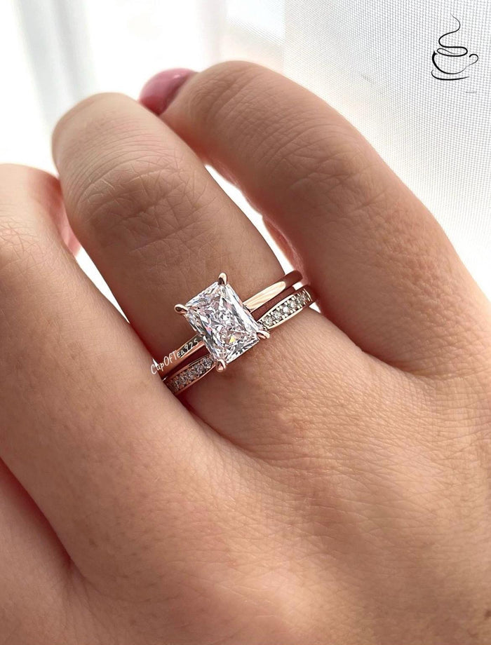 Radiant Cut CZ Solitaire Bridal Set: 18K Gold Over Sterling Silver, Moissanite Band
