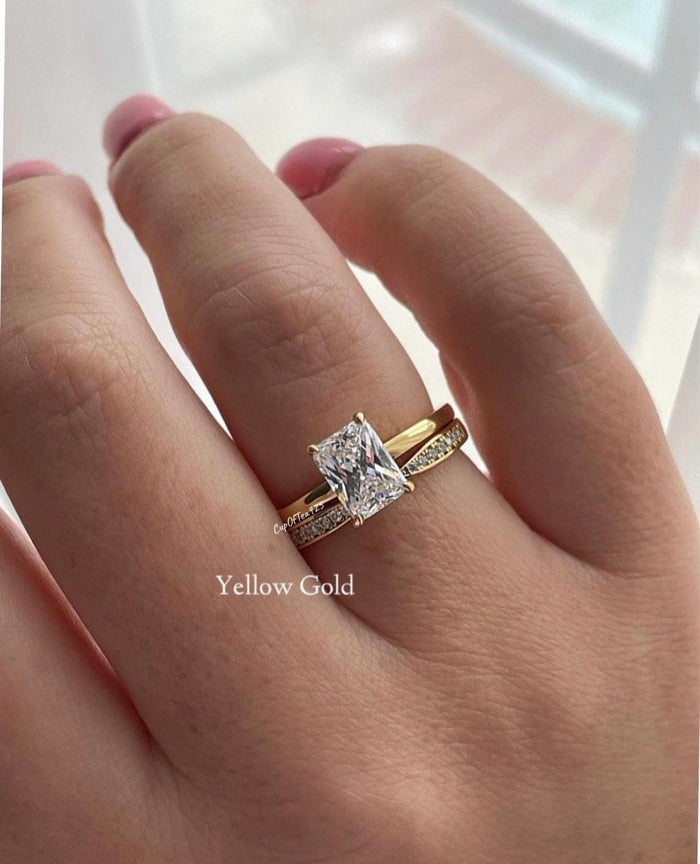 Radiant Cut CZ Solitaire Bridal Set: 18K Gold Over Sterling Silver, Moissanite Band
