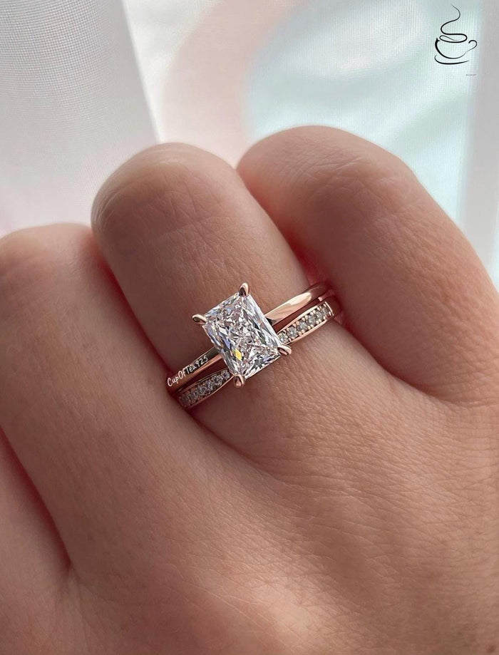 Radiant Cut CZ Solitaire Bridal Set: 18K Gold Over Sterling Silver, Moissanite Band