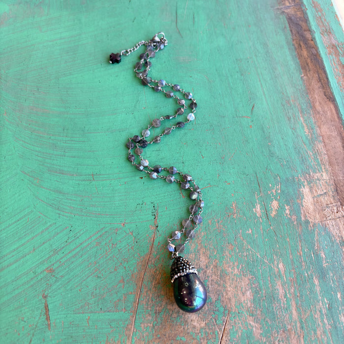 Radiant Grace Labradorite And Shell Pearl Teardrop Necklace