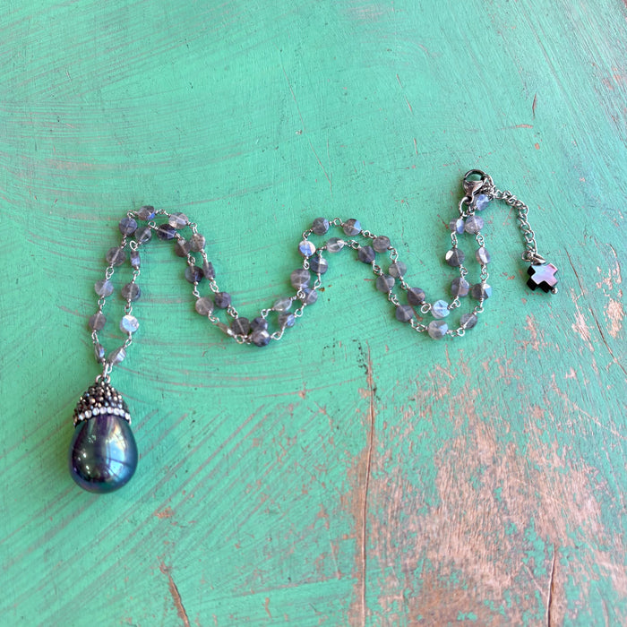 Radiant Grace Labradorite And Shell Pearl Teardrop Necklace