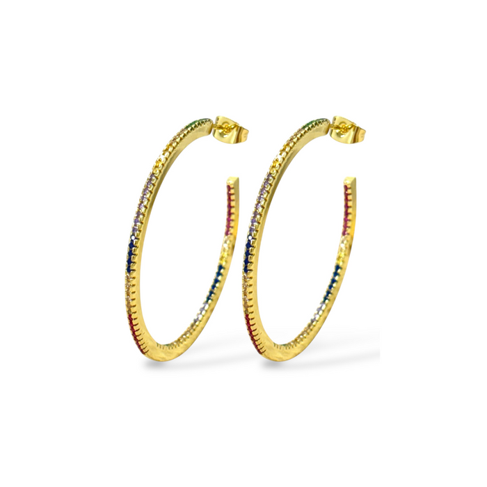 Pair of gold-tone hoop earrings with multicolor stones