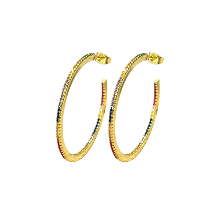 Gold hoop earrings with multicolor pavé stones and post backs