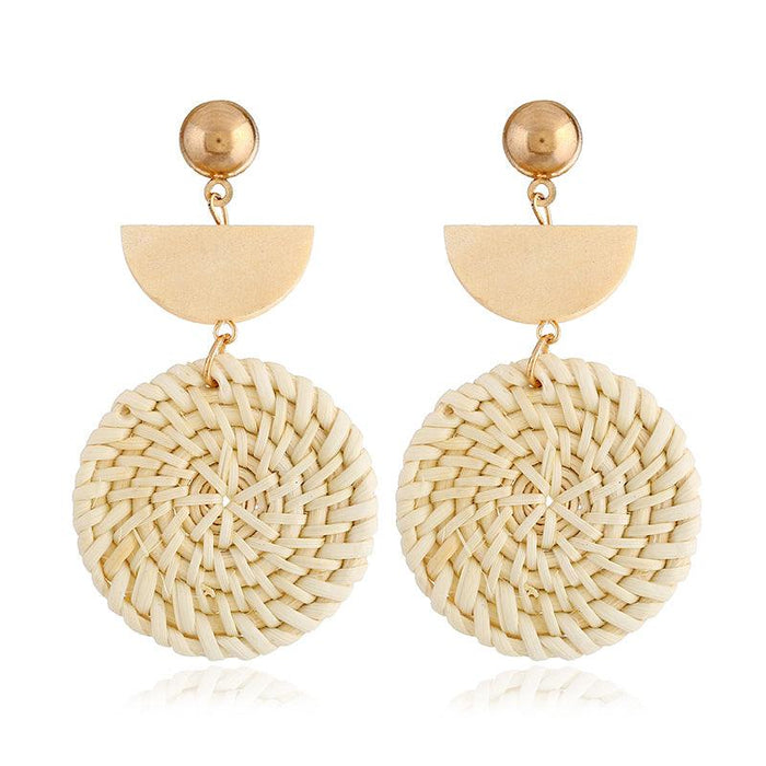 Beige woven rattan hoop drop earrings with half-moon top and gold-tone hooks