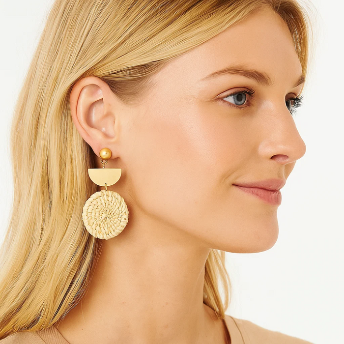 Woven straw round drop earrings with half-moon top and gold-tone hook, side view