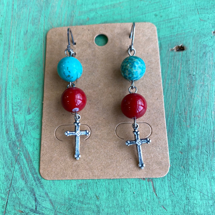 Red and Turquoise Cross Necklace and Earring Set