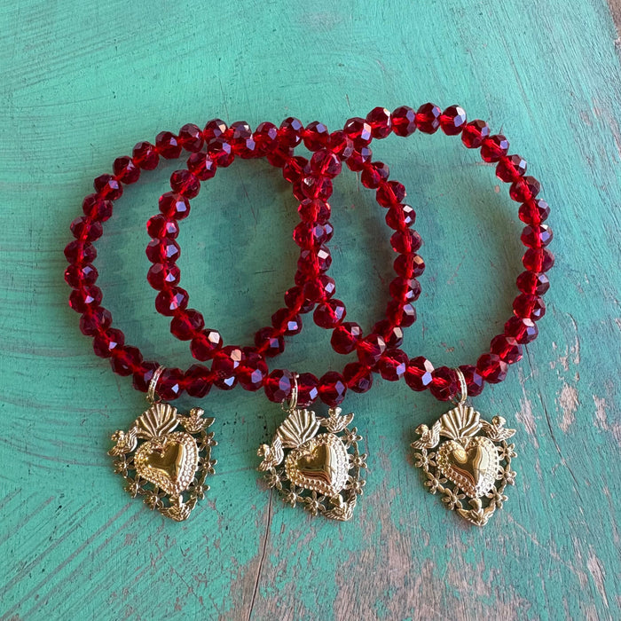 Red Crystal Gold Sacred Heart Bracelet