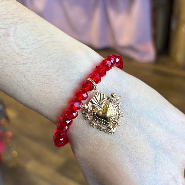 Red Crystal Gold Sacred Heart Bracelet
