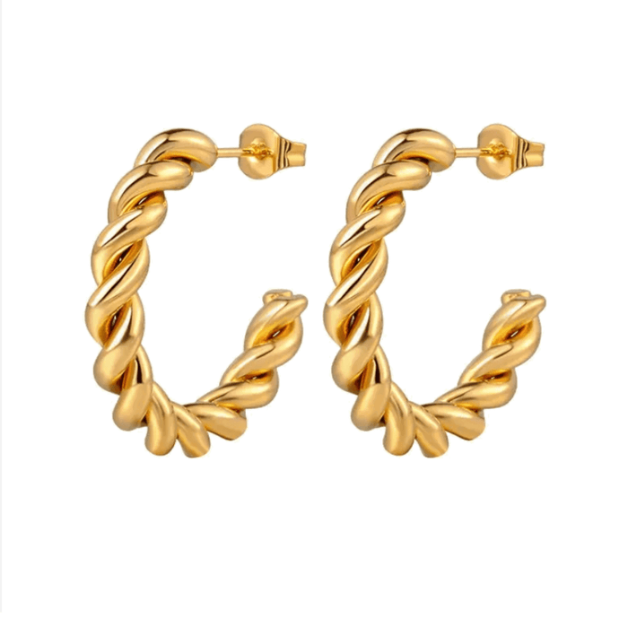 Gold rope hoop earrings with twisted texture and stud back
