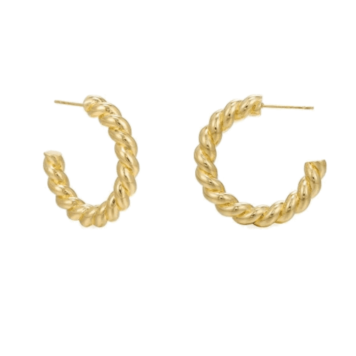 Pair of gold twisted rope hoop earrings with post backs