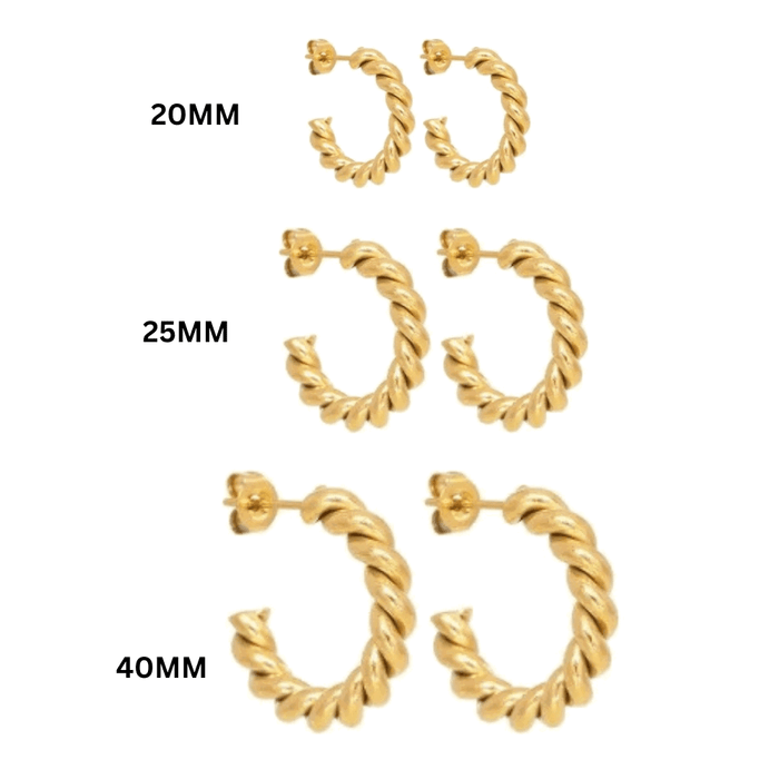 Gold rope hoop earrings set showing 20mm, 25mm, and 40mm sizes