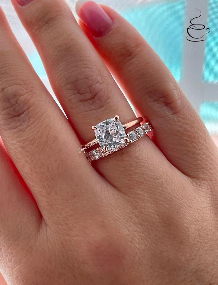 Rose Gold over Sterling Silver 925 Bridal Set with 3CT CZ Cushion Cut Solitare engagement ring and full eternity band.