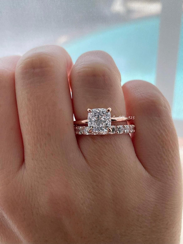 Rose Gold over Sterling Silver 925 Bridal Set with 3CT CZ Cushion Cut Solitare engagement ring and full eternity band.